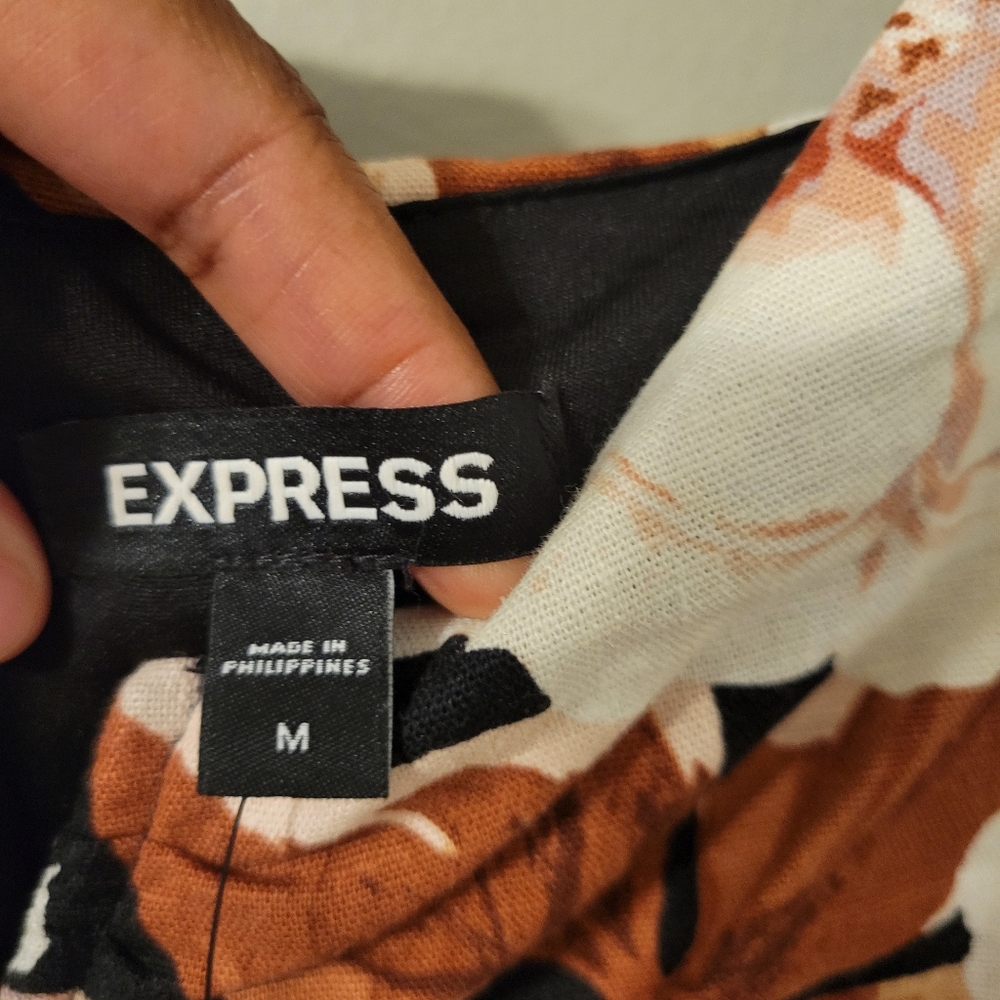 Express Floral Cream and Brown Linen Blend  Bodycon Sleeveless Dress. Size M - Picture 8 of 14